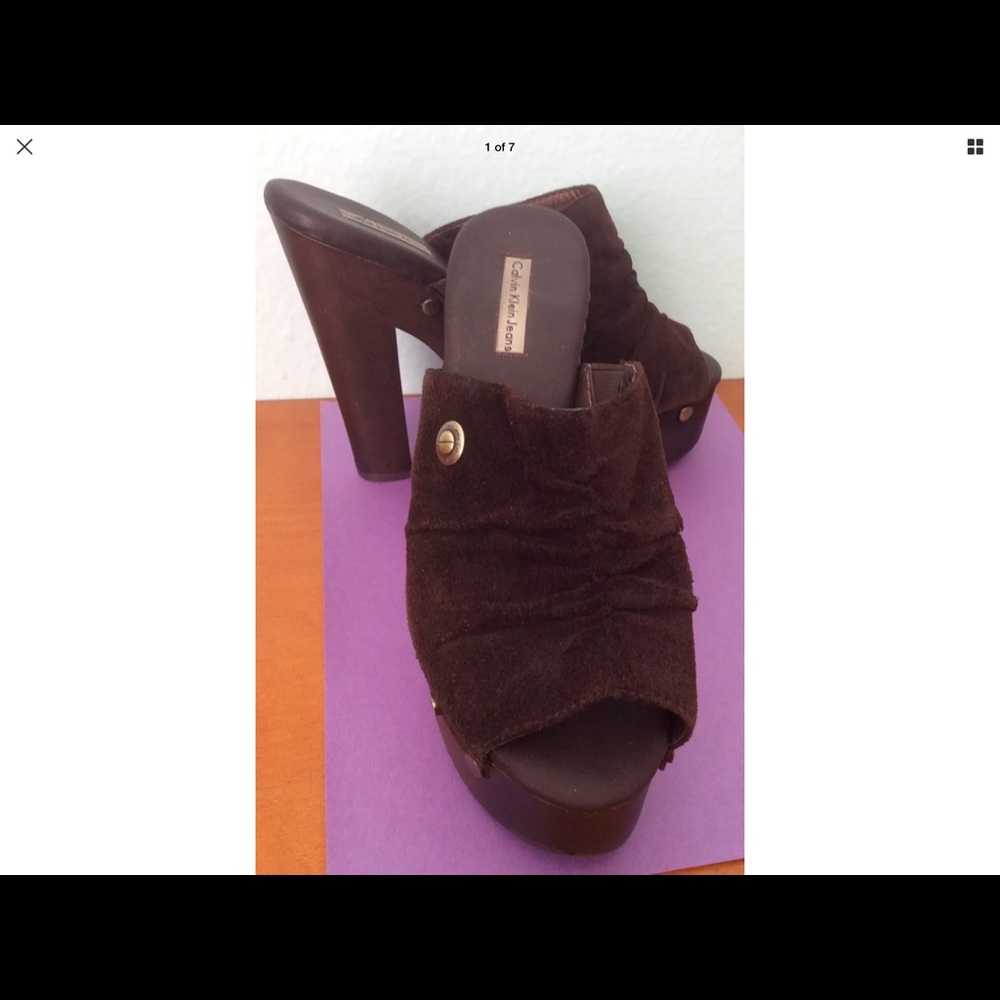 Calvin Klein Jeans Platform High Heels Suede Peep Toe Slide Sandals